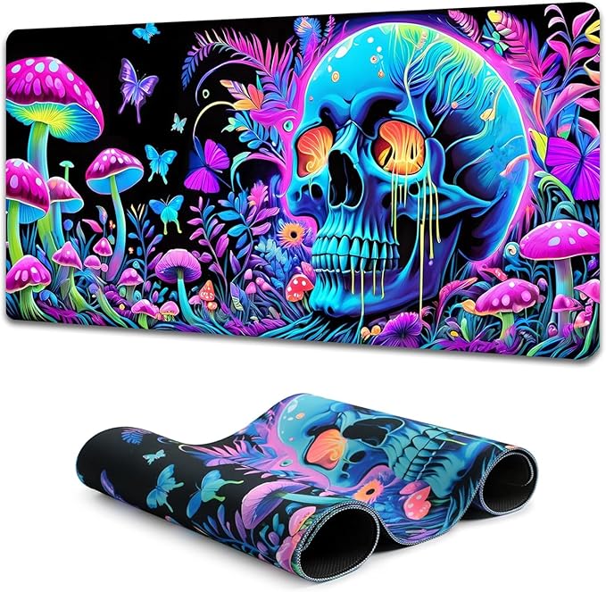 Simpkeely Large Skull Mushroom Gaming Mouse Pad - UV Light Reactive Neon Glow Butterfly Mat Waterproof XL Non-Slip Rubber Base for Computer & Keyboard, 31.5" x 11.8"