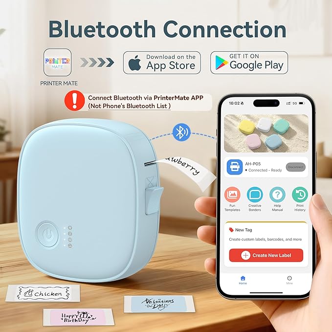 Mini Label Maker Machine with Tape AH-P05, Portable Bluetooth Mini Label Printer, Wireless Thermal Label Maker, Waterproof & Rechargeable, Built-in Cutter, for Home, Office, Kitchen – Blue
