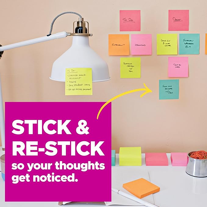 Post-it Super Sticky Notes, 8 Sticky Note Pads, 1.875 x 1.875 in., Ideal for Organization in Your Dorm, Home or Office, Energy Boost Collection