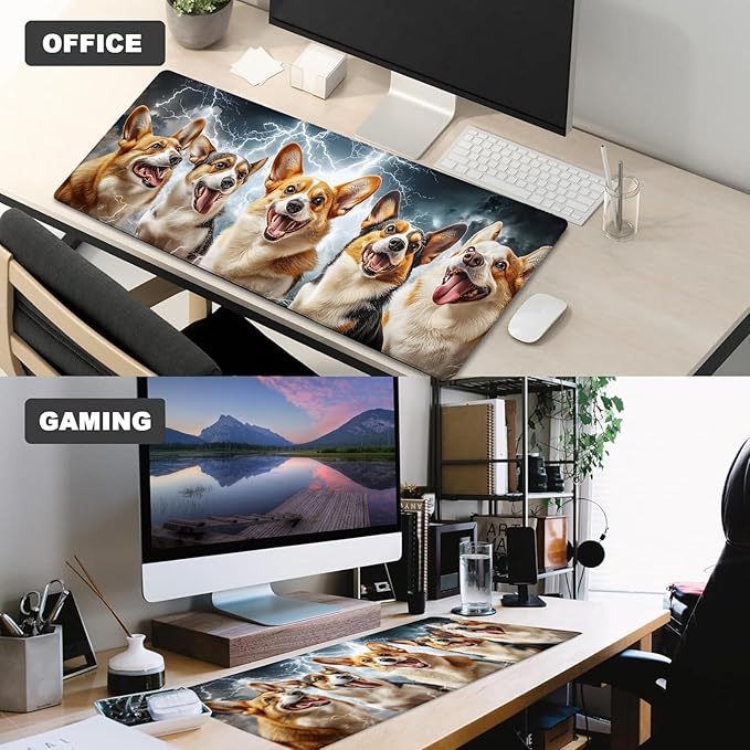 Cute Corgi Gaming Mouse Pad – 12x31.5in Large Extended Desk Mat with Cool Dynamic Lightning Dog Design – Non-Slip Rubber Mousepad for Office Home – Deskmat Gifts for Pet Lovers Decor