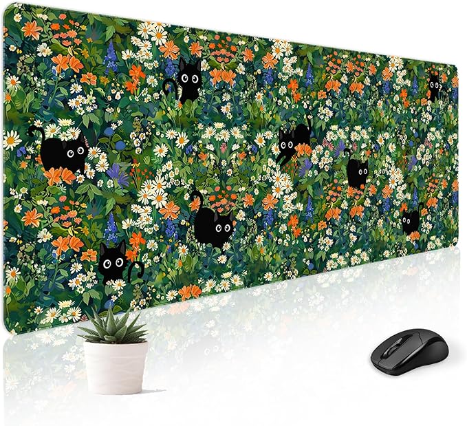 Mousepad Desk Mat Gaming Large Keyboard Cute Office Desktop Computer Laptop Cat Flawer XXL Long Giant Big Kawaii Aesthetic Girly Pretty Design Women Girl Gamer Oversized Wide 30x12'' Mousepad
