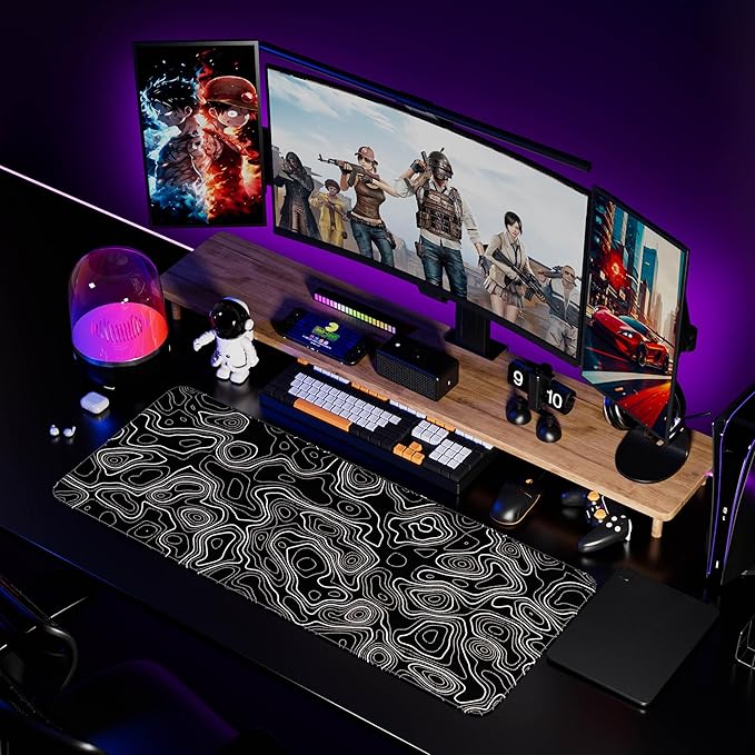 Desk Mat,Large Gaming Mouse Pad 35''×15.6'' XXL Extended Mouse Pad Mat Desk Pad with Non-Slip Base Mousepad for Computer,Office,Keyboard and Laptop - Topographic Black and White