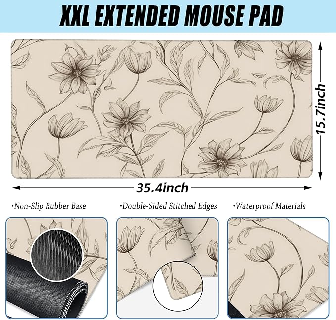 XXL Mouse Pad,Minimalist Flowers Large Gaming Mouse Pad,Abstract line Floral Desk Mat for Desktop,Extended Big Computer Keyboard Desk Pad with Non-Slip Base and Stitched Edges 35.4"x15.7"
