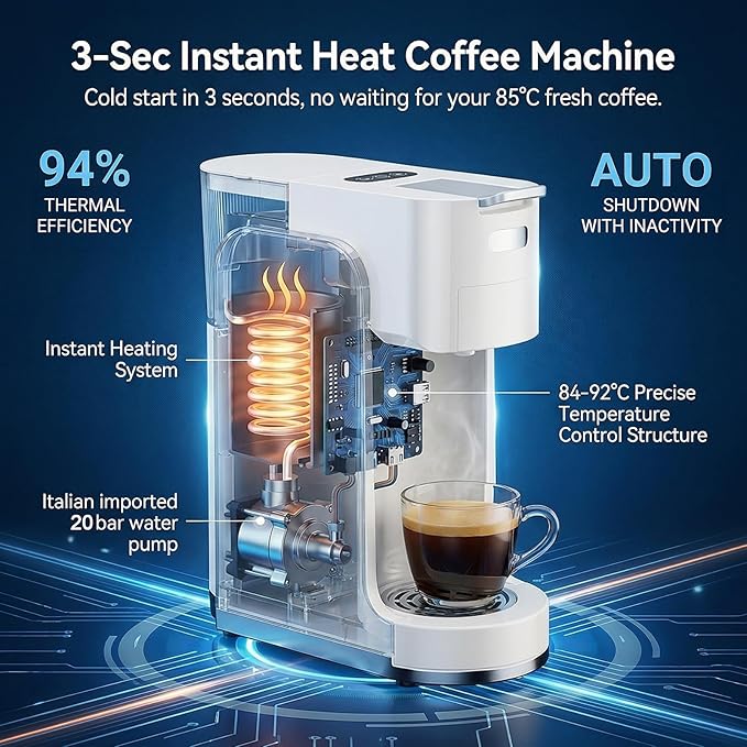 Single-Serve Coffee Maker, 4 in 1 Hot and Iced Coffee Machine, 20-Bar Espresso Coffee Maker for Ground Coffee, K-Cup Pod, NES Original and DG Pod, Customizable Brew Volume, Heats up in 3 seconds