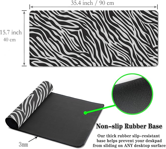 Desk Mouse Pad Black and White, Gaming Pad Big Mouse Pads, Ga Mouse Pad Non-Slip Rubber Base Waterproof with Stitched Edges, 35.4 X 15.7 inch for Work/Game/Office Trendy Zebra Skin Pattern
