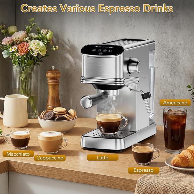 COWSAR 20 Bar Espresso Machine, Compact Espresso Maker with Steam Milk Frother, Stainless Steel Coffee Machine with 45oz Removable Water Tank, for Cappuccino,Latte&Cold Brew Home&Office