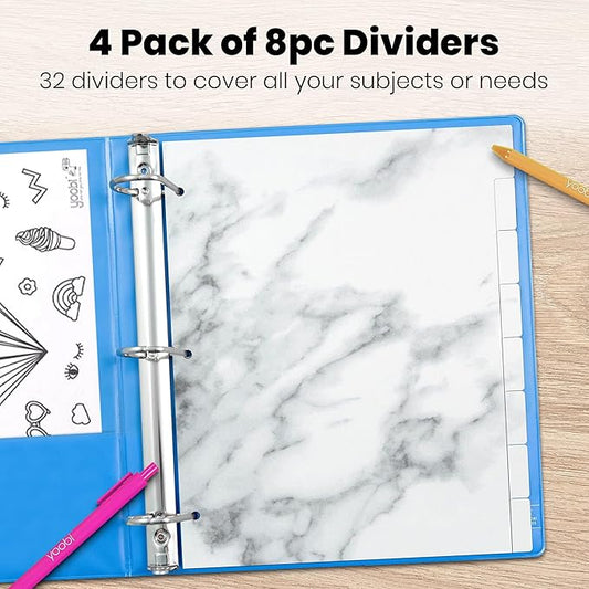 Yoobi Marble Binder Dividers 8-Tab Sturdy Poly Binder Organizer w/Blank Sticky Labels 4 Pack