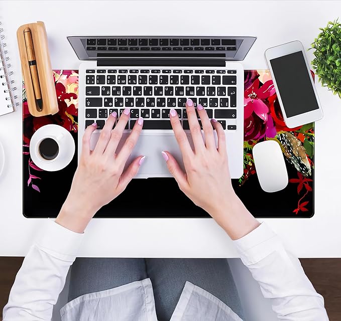Red Flower Vintage Botanical Desk Pad - Black Mouse Pads, Keyboard Mat, Laptop PC Wireless Mouse Mat XXL, Aesthetic Office Desk Accessories (31.5"x15.75")