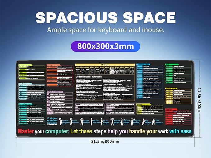 Excel Cheat Sheet Desk pad—Contains 9 Major Excel Function modules|Large XL Size（31.5 * 11.8 inch）|Desk mat for Keyboard and Mouse|Work、Study、Gaming Mouse pad|Waterproof、Anti-Slip Large Mouse pad