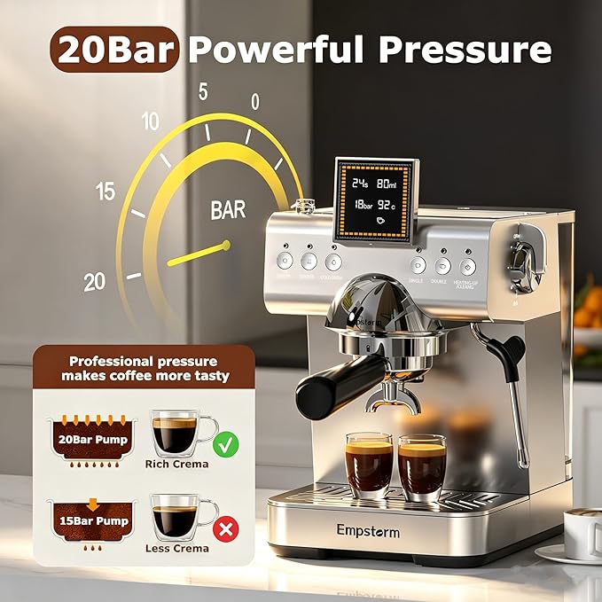 20 Bar Espresso Machine with Milk Frother 1350W Coffee Maker with Hot& Cold Dual-Mode Brewing Compact Stainless Steel Latte & Cappuccino Machine with PID Temp Control for Home Office, 50oz Water Tank