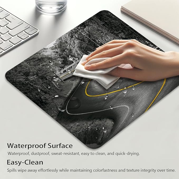 Anti-Slip Gaming & Office Mouse Pad with Stitched Edges 9.5 x 7.9 Inch, Curvy Asphalt Road with Yellow Line in Middle Nature Forest Trees Durable Smooth Surface Desk Mat