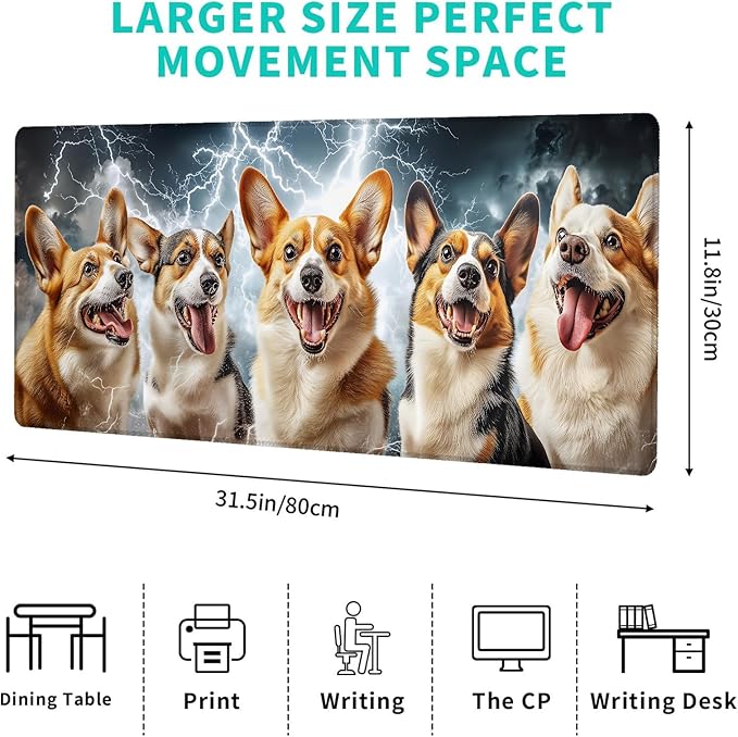 Cute Corgi Gaming Mouse Pad – 12x31.5in Large Extended Desk Mat with Cool Dynamic Lightning Dog Design – Non-Slip Rubber Mousepad for Office Home – Deskmat Gifts for Pet Lovers Decor