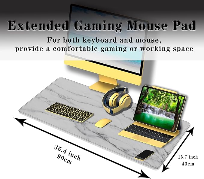 Gaming Mousepad White Gray, Large Mousepad Office Desk Mats, Gaming Mouse Mat Non-Slip Rubber Base Waterproof with Stitched Edges, 35.4 X 15.7 inch for Work/Game/Office/Home Marble Texture