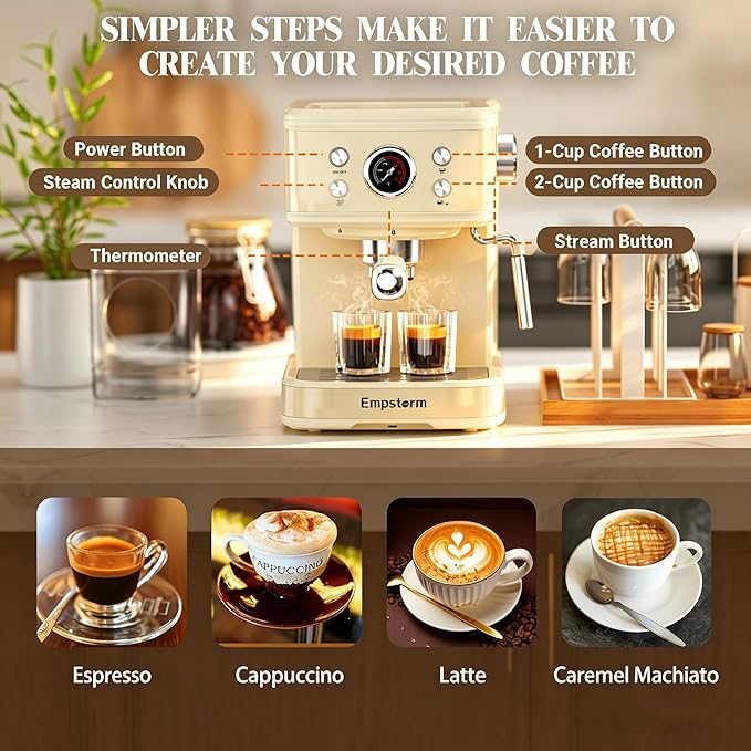 Empstorm Espresso Machine 20 Bar, 2 in 1 Espresso Maker with Milk Frother Steam Wand for Latte and Cappuccino, Powder and Capsule Portafilter, 50oz Removable Water Tank Coffee Machine for Home-White
