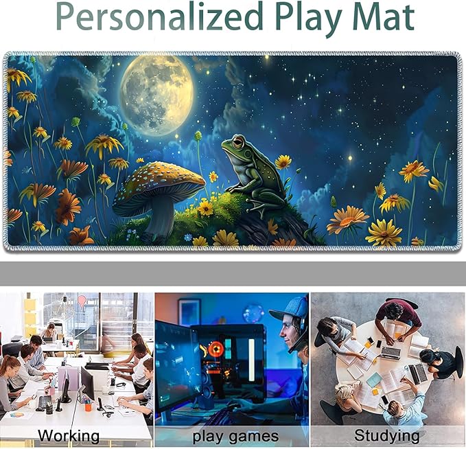 Large Gaming Mouse Pad Non-Slip Keyboard Pad Soft Extended Desk Mat Desktop Writing Pad (31.5"×11.8") Combined with Coasters, Home and Office Desktop Decor, Frog Mushroom
