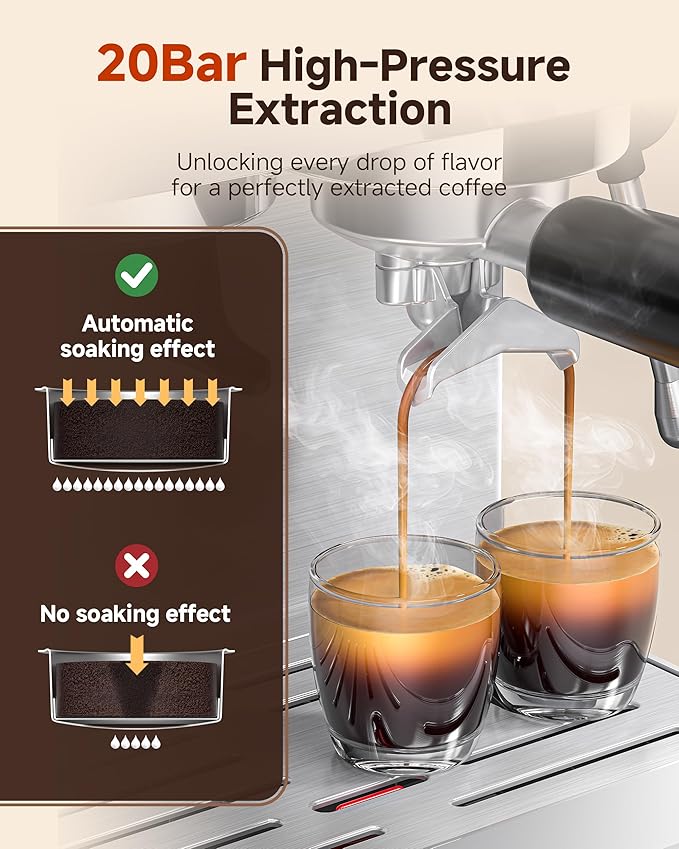 AMZCHEF Espresso Machine With Grinder, 190℉-201℉ Temp Control Coffee machine with 44 Grind Setting, Milk Frother, Touch Screen, Cold Brew, Sliver