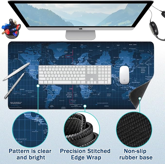 Mouse Pad Gaming - Desk Mat for Keyboard and Mouse - Black World Map Large Mouse Pads for Desk, Gaming Mousepad with Non-Slip Base, Desks Pad (35.4" X 15.7") for Game, Office and Home