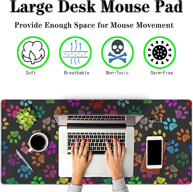 Desktop Mat Black, XXL Mouse Pads Pc Mouse Pad, Mat Mouse Pad Non-Slip Rubber Base Waterproof with Stitched Edges, 35.4 X 15.7 inch for Work/Game/Office/Home Colorful Animal Pets Dog Paw