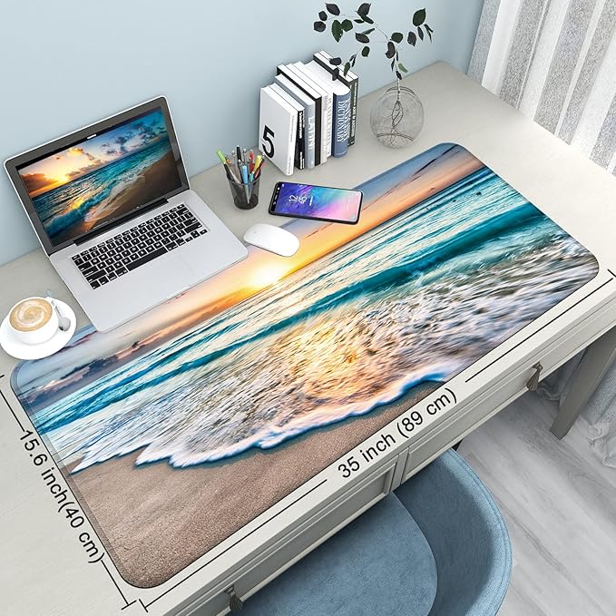 Desk Mat,Large Mouse Pad 35''×15.6'' XXL Extended Gaming Mouse Pad Mat with Non-Slip Base Stitched Eges Mousepad for Computer,Office,Keyboard and Laptop - Beach