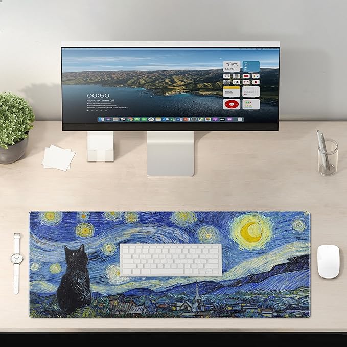 Starry Night Cat Gaming Mouse Pad Large Desk Mat Extended Keyboard Mouse Pad Anime Mousepad with Non-Slip Base and Stitched Edge Mouse Mat Desk Pad 31.5 x 11.8 Mouse Pads for Desk Home Office Gaming
