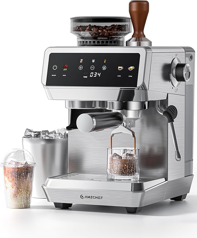 AMZCHEF Espresso Machine With Grinder, 190℉-201℉ Temp Control Coffee machine with 44 Grind Setting, Milk Frother, Touch Screen, Cold Brew, Sliver