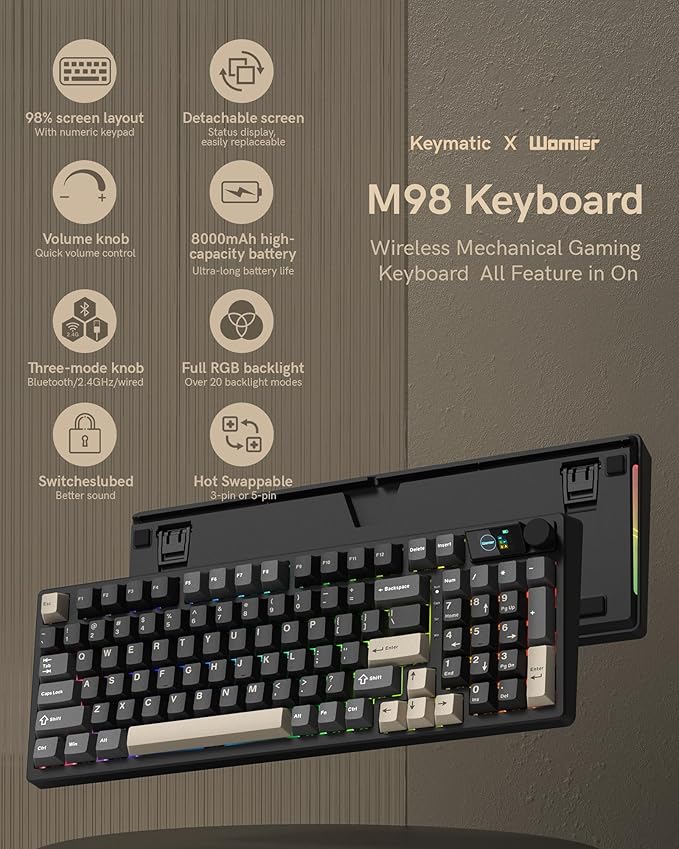 Keymatic M98 Wireless Mechanical Keyboard w/Screen & Knob, 96% Gaming Keyboard BT/2.4G/USB-C, Hot Swappable Custom Gaming Creamy Keyboard,with 8000mAh Battery