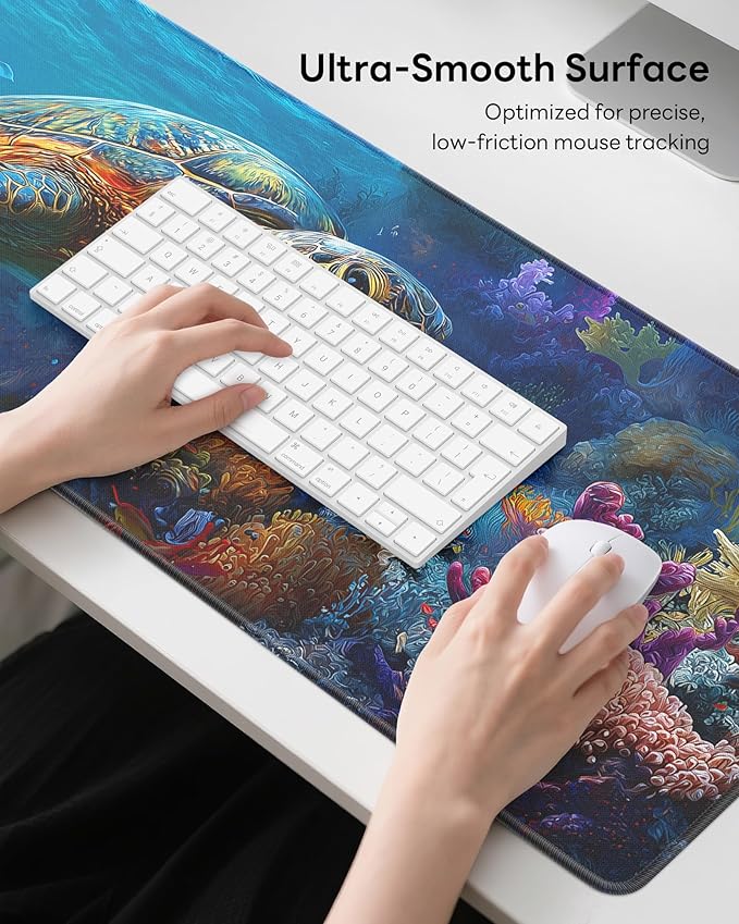 Turtle Mouse Pad, 31.5 x 11.8 Large Desk Mat with Stitched Edges & Non-Slip Base, Mousepad for Office, Home, Work, Sea Turtle