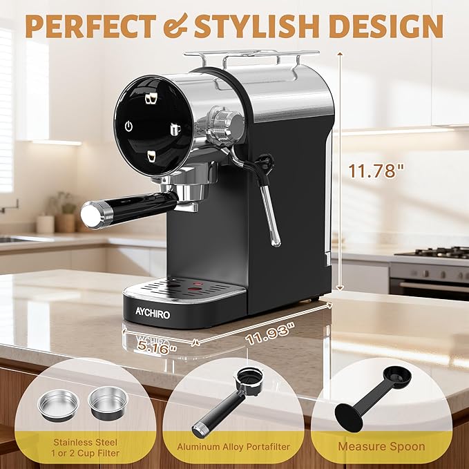 AYCHIRO Espresso Machine 20 Bar, Touchscreen Espresso Coffee Machine with Steamer, Espresso Maker with Milk Frother for Latte & Cappuccino, Removable Water Tank, Black