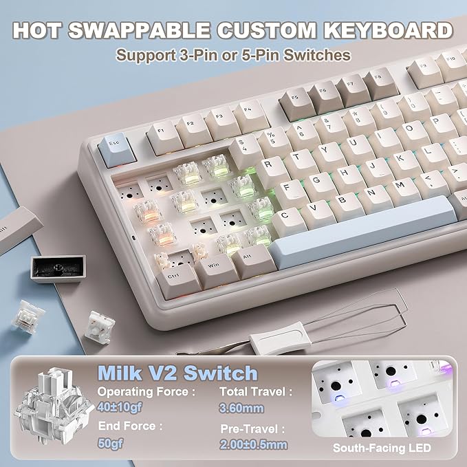 YUNZII B98 PRO QMK/VIA Wireless Mechanical Gaming Keyboard, 96% Layout with Numpad and Cute Cat Knob, BT/2.4G/USB-C, Pre-Lubed Switch Hot Swap Gasket, RGB for Win/Mac (Beige, Milk V2 Linear Switch)