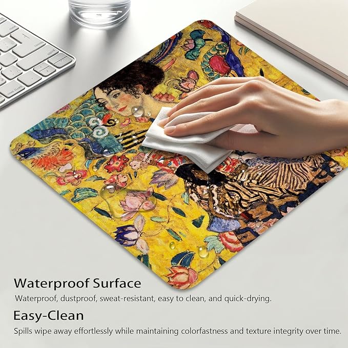 Woman (Lady) with Fan by Gustav Klimt Anti-Slip Gaming & Office Mouse Pad with Stitched Edges 9.5 x 7.9 Inch, Famous Fine Art Reproduction World Famous Painting Durable Smooth Surface Desk Mat