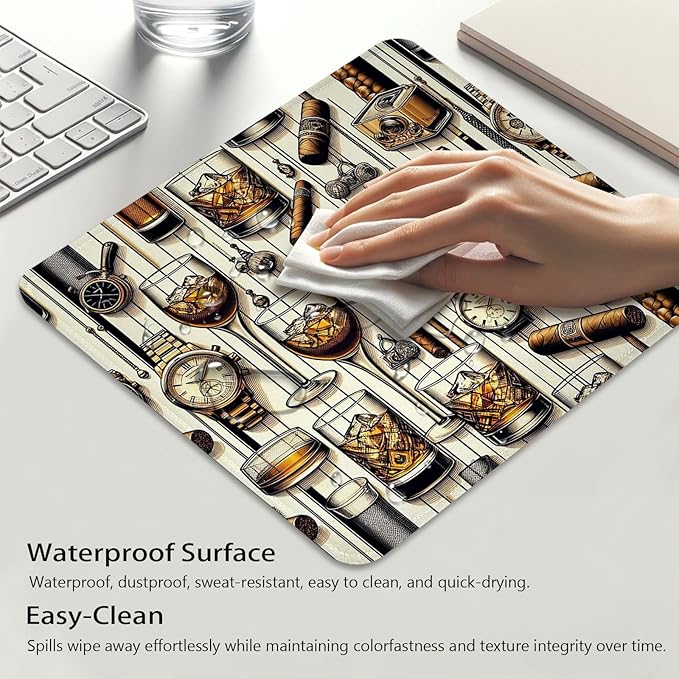 Man Cave Anti-Slip Gaming & Office Mouse Pad with Stitched Edges 9.5 x 7.9 Inch, Masculine Design with Iced Whiskey Watches Cigar Retro Photo Camera Durable Smooth Surface Desk Mat