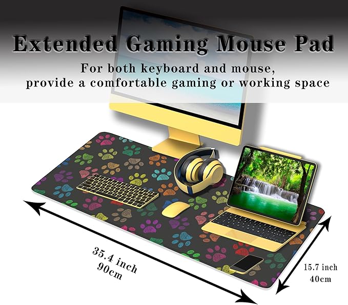 Desktop Mat Black, XXL Mouse Pads Pc Mouse Pad, Mat Mouse Pad Non-Slip Rubber Base Waterproof with Stitched Edges, 35.4 X 15.7 inch for Work/Game/Office/Home Colorful Animal Pets Dog Paw