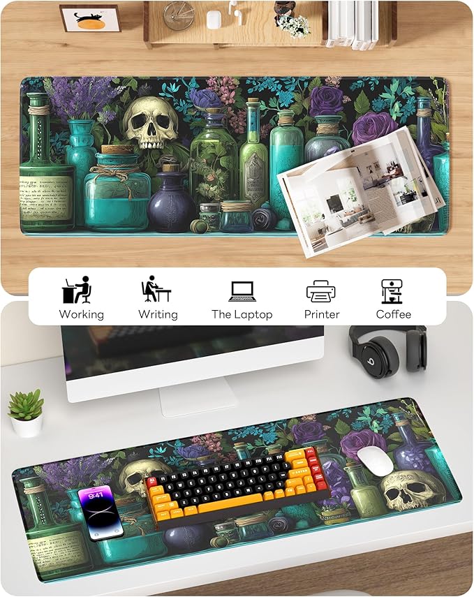 Skull Mouse Pad, 31.5 x 11.8 Large Desk Mat with Stitched Edges & Non-Slip Base, Mousepad for Office, Home, Work, Colourful Skulls