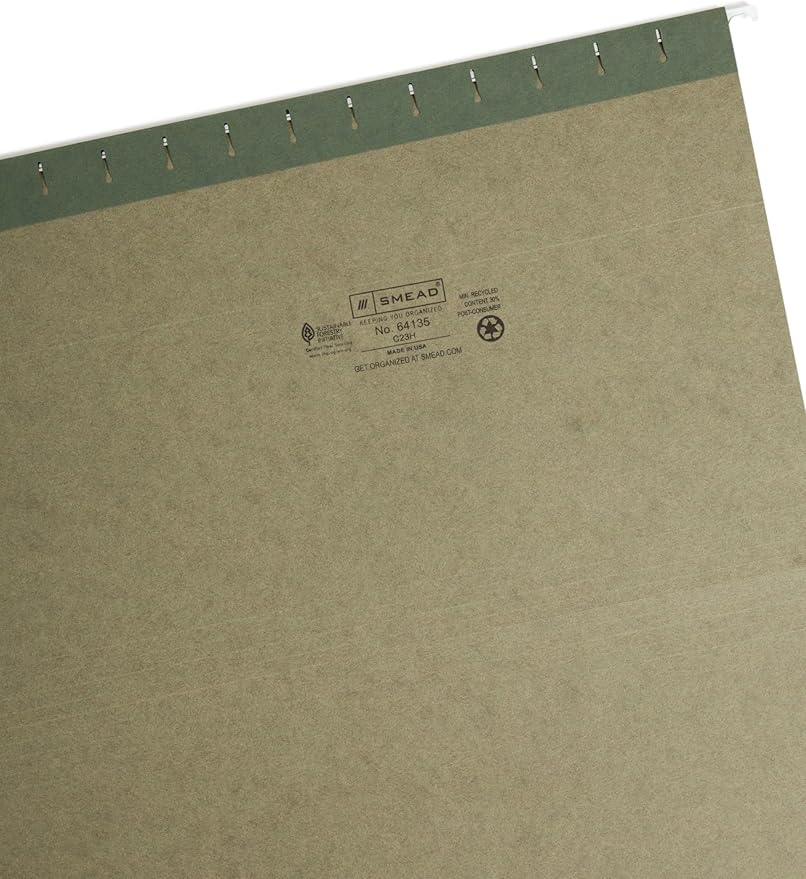 Smead Hanging File Folder with Tab, 1/3-Cut Adjustable Tab, Legal Size, Standard Green, 25 per Box