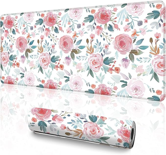 Pink Floral Mouse Pad (31.5 x 11.8 Inch), Large Watercolor Rose Desk Mat, Cute Botanical Pattern with Teal Leaves, Non-Slip Laptop Base, Spring Office Decor