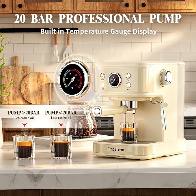 Empstorm Espresso Machine 20 Bar, 2 in 1 Espresso Maker with Milk Frother Steam Wand for Latte and Cappuccino, Powder and Capsule Portafilter, 50oz Removable Water Tank Coffee Machine for Home-White