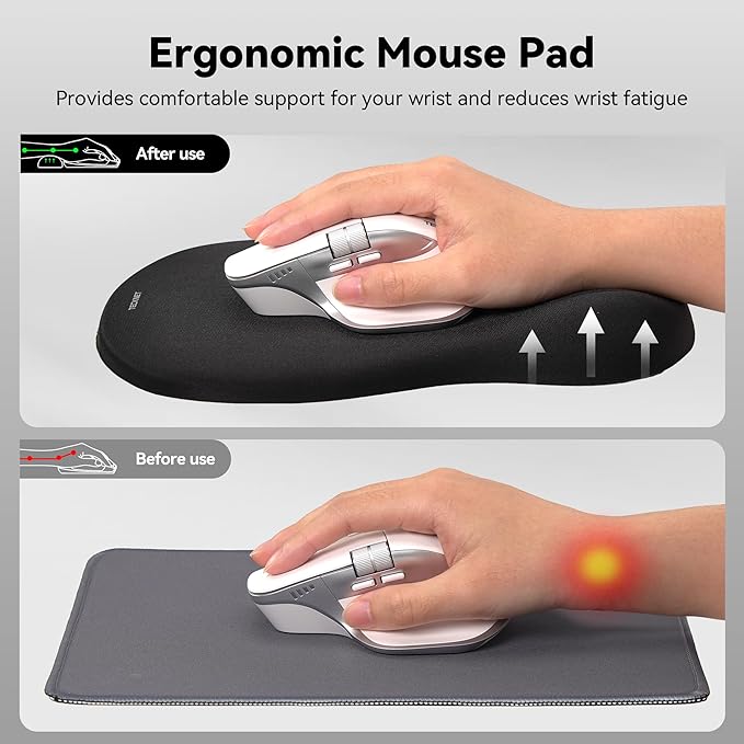 TECKNET Ergonomic Mouse Pad with Wrist Rest, Memory Foam Mousepad with Wrist Support, Smooth Surface, Middle Concave & Non-Slip Base for Laptop/PC, Pain Relief for Home Office Gaming, Black