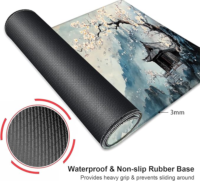 Large Cherry Blossom Japanese Mouse Pad, Desk Mat Computer Keyboard Pad Non-Slip Rubber Base Waterproof with Stitched Edges for Laptop Gaming, Office & Home 31.5 x 11.8 Inch