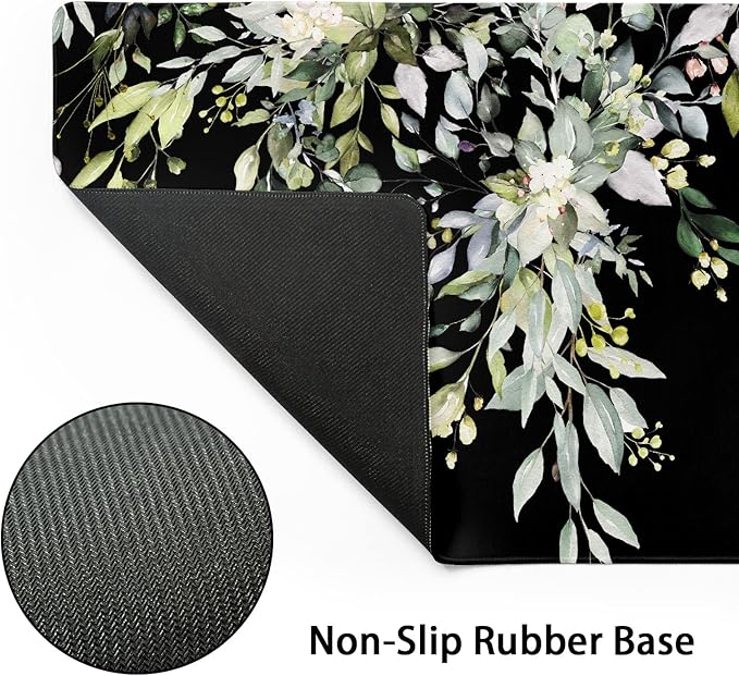 aportt Sage Green Leaves Gaming Mouse Pad XL Spring Summer Floral Extended Large Desk Mat Black Big Mousepad Non-Slip Rubber Base Stitched Edge Long for Desktop Office Computer Gamer,31.5×11.8 in