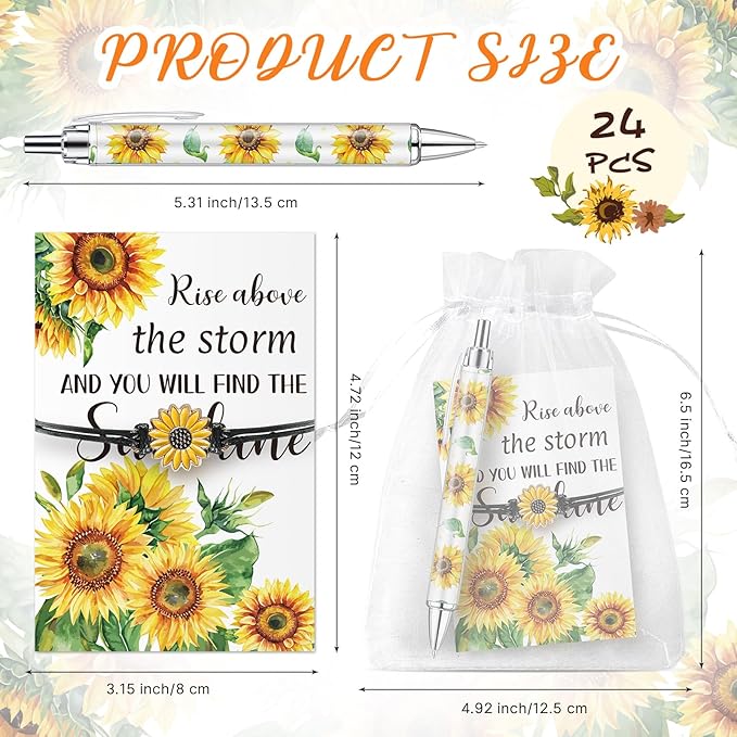 24 Sets Sunflower Gifts Bracelets Ballpoint Pens Bulk Sunflower Yellow Floral Theme Retractable Pens with Information Card Organza Bags for Women Men Office School Party Favors Supplies