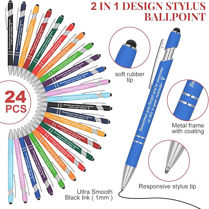Colarr 24 Pcs Inspirational Pens Bulk Ballpoint with Stylus Tip Pen 1.0 mm Black Ink Smooth Motivational 2 in 1 Ballpoint Supplies Employee Appreciation Gift for Teacher Coworkers (You're Awesome)