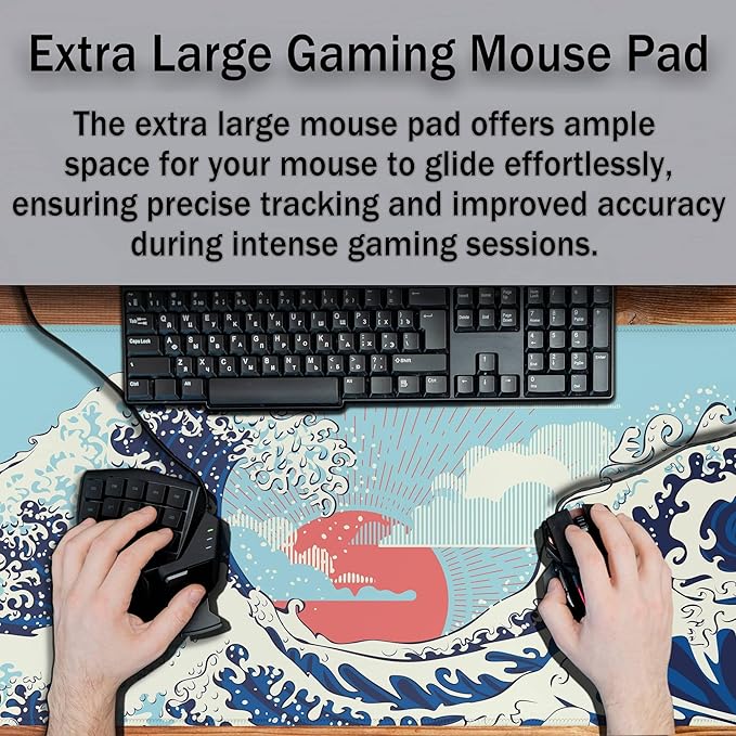 Extra Large Mouse Pad Blue XXL Mousepad, Big Mouse Pads Office Desk Mats, Desk Pad Mat Waterproof Non-Slip Rubber Base, 35.4 X 15.7 inch for Work/Game/Office/Home Japanese Great Wave Art