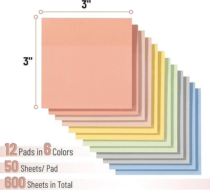 Mr. Pen- Sticky Notes, 3”x3”, 12 Pads, 600 Sheets, Colorful Sticky Notes 3x3, Pastel Picnic
