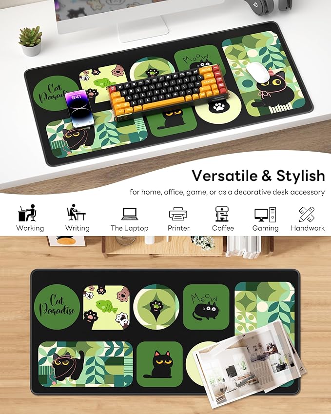 XL Gaming Mouse Pad, 31.5x15.7'' Large Desk Mat with Anti-Slip Rubber Base & Stitched Edges for Gaming, Office, Home - Cute Kitty