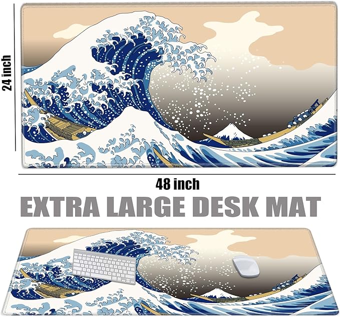 24x48 Mouse Pad Gaming Desk Mat Giant Japanese Sea Wave Mousepad Large Desk Pad Oversized Huge Computer Mat 3XL Mouse Pads for Protector Desktop Office