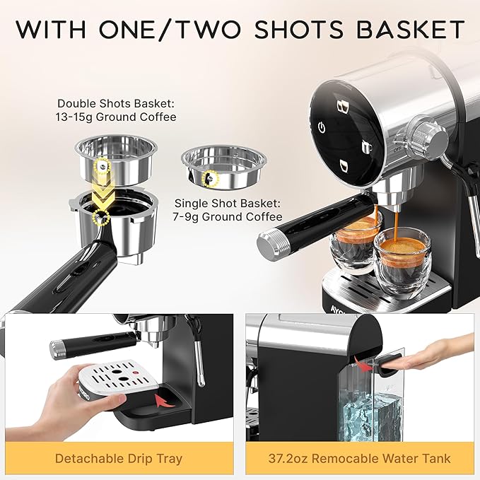 AYCHIRO Semi-Automatic Espresso Machine with Milk Frother, 20 Bar Espresso Coffee Machine, Espresso Maker with Removable Water Tank & Drip Tray, Compact for Home Latte Cappuccino