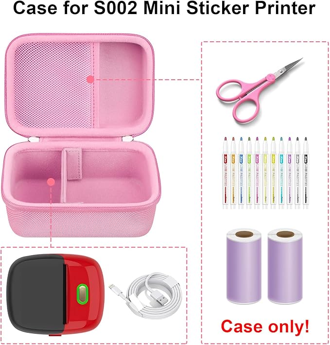 RAIALL Case for ORGSTA S002 Sticker Printer, Travel Bag for Mini Printer Portable Thermal Sticker Printer Label Maker, Label Printer Study Printer Storage Holder for Thermal Paper and Cable, Pink