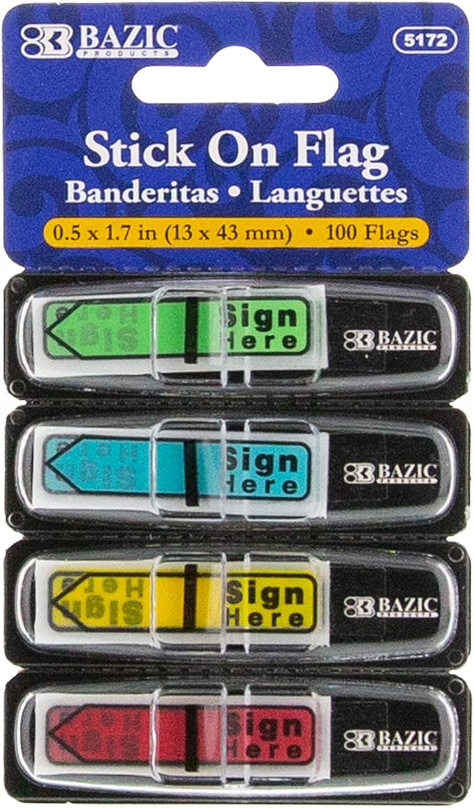 BAZIC Products Neon Page Marker Dispensers, Sticky Notes for Study Materials, Office Use, Sign Here & Neon Colored Page Markers for Books and Documents, 0.5x1.7, 100 Flags/Pack, 24-Packs