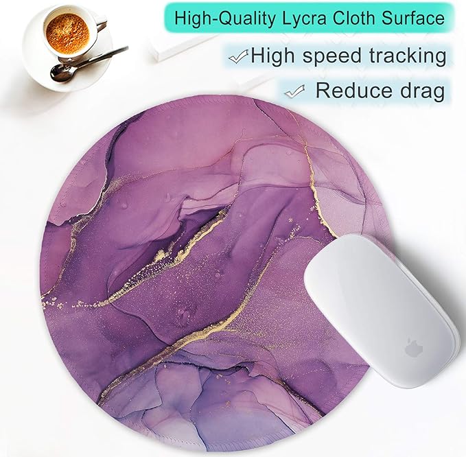 ITNRSIIET Round Mouse Pad with Stitched Edge Premium-Textured Waterproof Non-Slip Rubber Base Desktop Protection Mat Diameter 8.7 inches, Light Purple Marbling