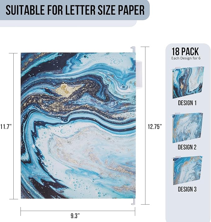 Y YOMA 18 Pack Decorative Hanging File Folders Letter Size Marble Cute Hanging Folder Pretty File Folder Organizer for Filing Cabinet Office Home with 1/5-Cut Adjustable Tabs, 3 Blue Marble Design